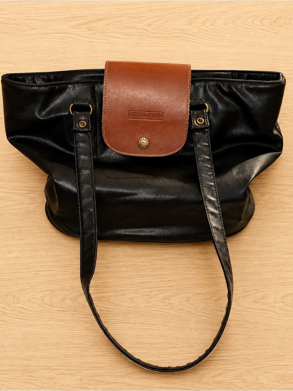 Vintage 90s Perry Ellis Slouchy Black Leather Shoulder Bag Cognac Flap Purse